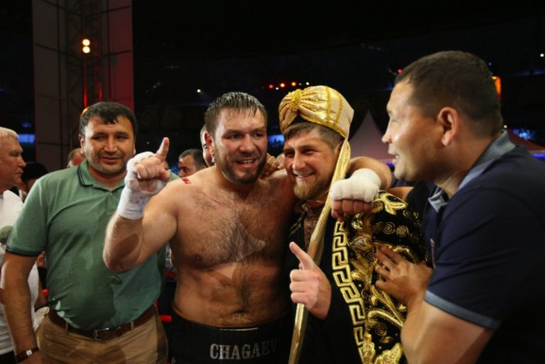 Chechen President Ramzan Kadyrov celebrates new world heavyweight champion Ruslan Chagaev
