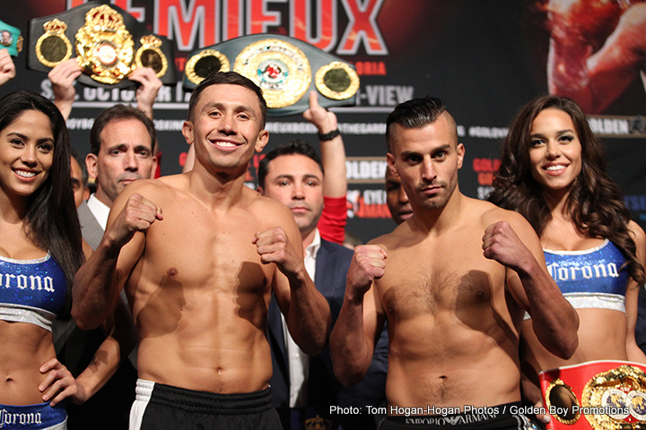 Weights: Gennady Golovkin: 159.4 lbs. David Lemieux: 159.8 lbs.