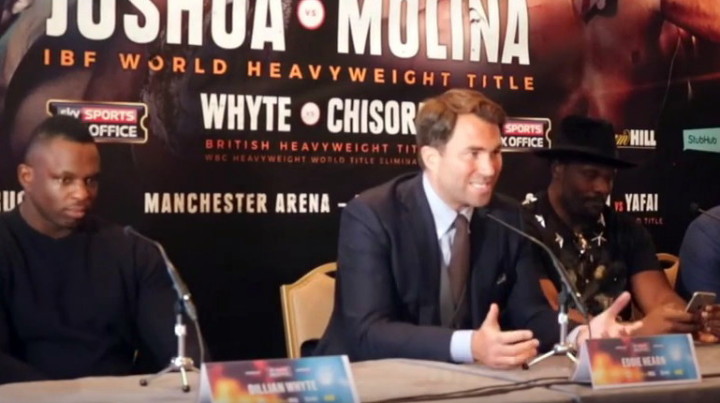 Chisora and Whyte come face to face at presser, exchange barbs, both promise KO victory