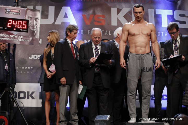 Photos: Anthony Joshua: 250.1 lbs. Wladimir Klitschko: 240.5 lbs.