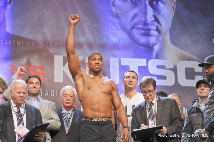 Photos: Anthony Joshua: 250.1 lbs. Wladimir Klitschko: 240.5 lbs.