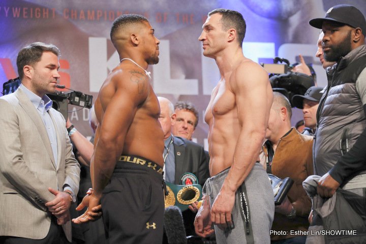 Photos: Anthony Joshua: 250.1 lbs. Wladimir Klitschko: 240.5 lbs.