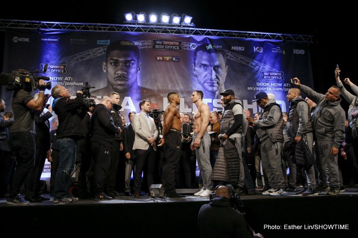 Photos: Anthony Joshua: 250.1 lbs. Wladimir Klitschko: 240.5 lbs.