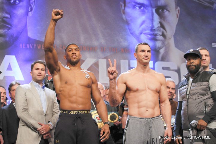 Photos: Anthony Joshua: 250.1 lbs. Wladimir Klitschko: 240.5 lbs.