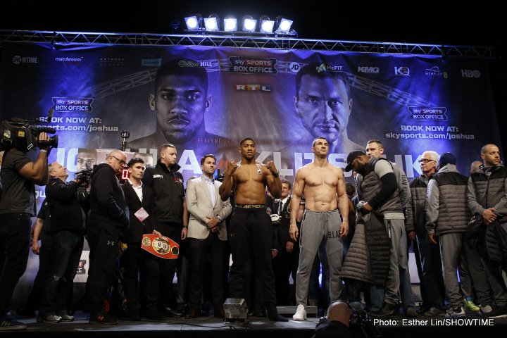 Photos: Anthony Joshua: 250.1 lbs. Wladimir Klitschko: 240.5 lbs.