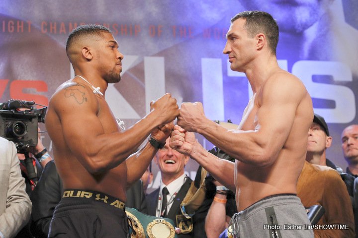 Photos: Anthony Joshua: 250.1 lbs. Wladimir Klitschko: 240.5 lbs.