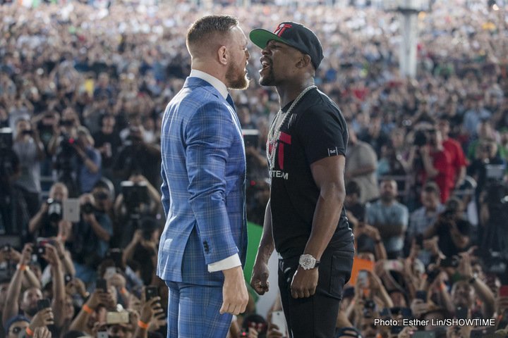 The Mayweather-McGregor press tour: So far McGregor's had the best lines, but Mayweather calls his bluff with “bet your whole fight cheque” challenge
