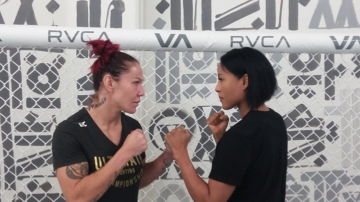 Cecilia Braekus helping Cyborg prepare for Holly Holm Cecelia Braekhus Cris Cyborg Holly Holm Press Room