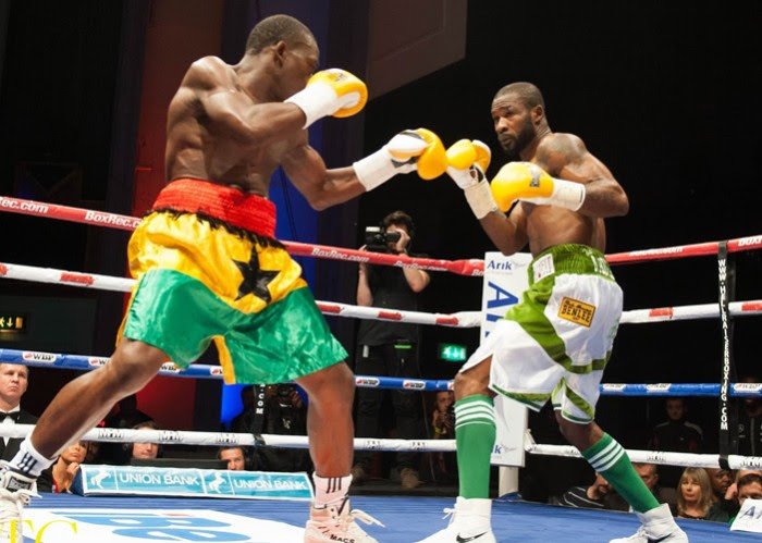 Larry Ekundayo in action on 3/3 on MTK Global’s ‘High Stakes’ card Larry Ekundayo MTK Global’s ‘High Stakes’ British Boxing Press Room