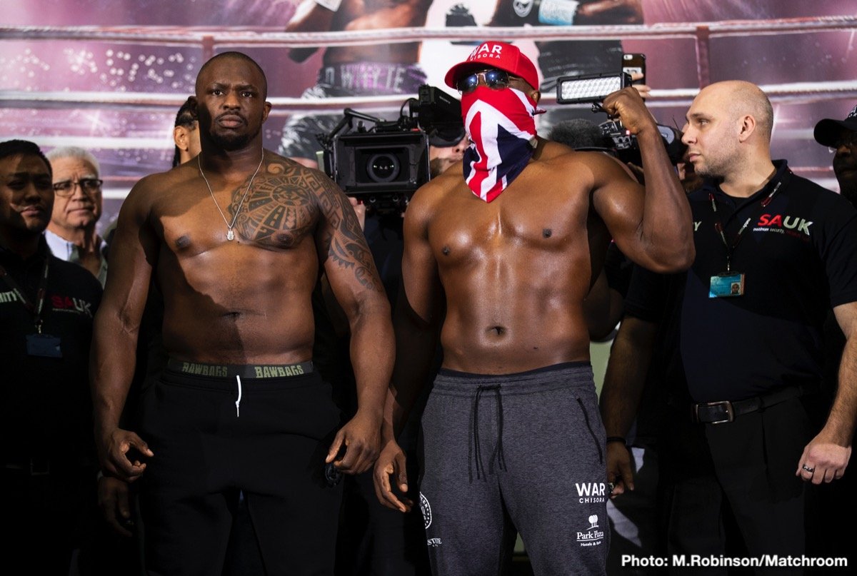 Dillian Whyte & Dereck Chisora Weigh Almost The Same at 17st 8lbs 8oz and 17st 8lbs and 3oz respectively