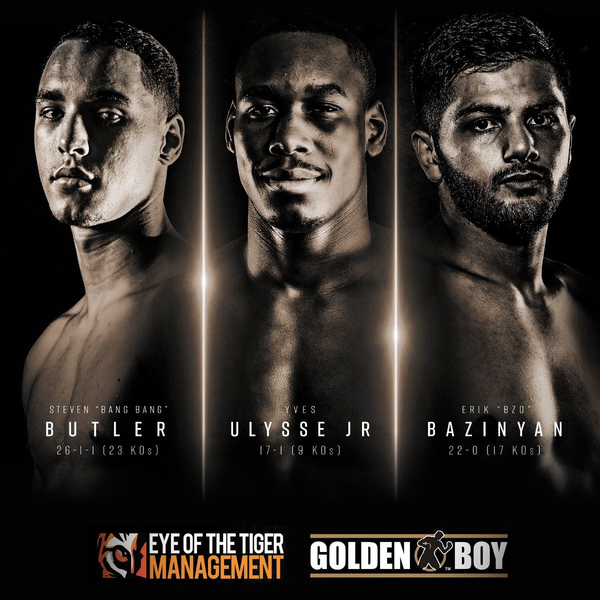 Golden Boy & Eye of the Tiger to co-promote Ulysse, Butler & Bazinyan Erik Bazinyan Steven Butler Yves Ulysse Jr. Press Room