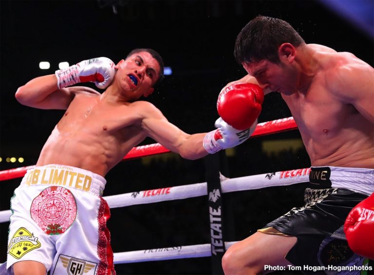 Vergil Ortiz Jr. defends against Samuel Vargas on March 28 at The Forum in Inglewood, CA