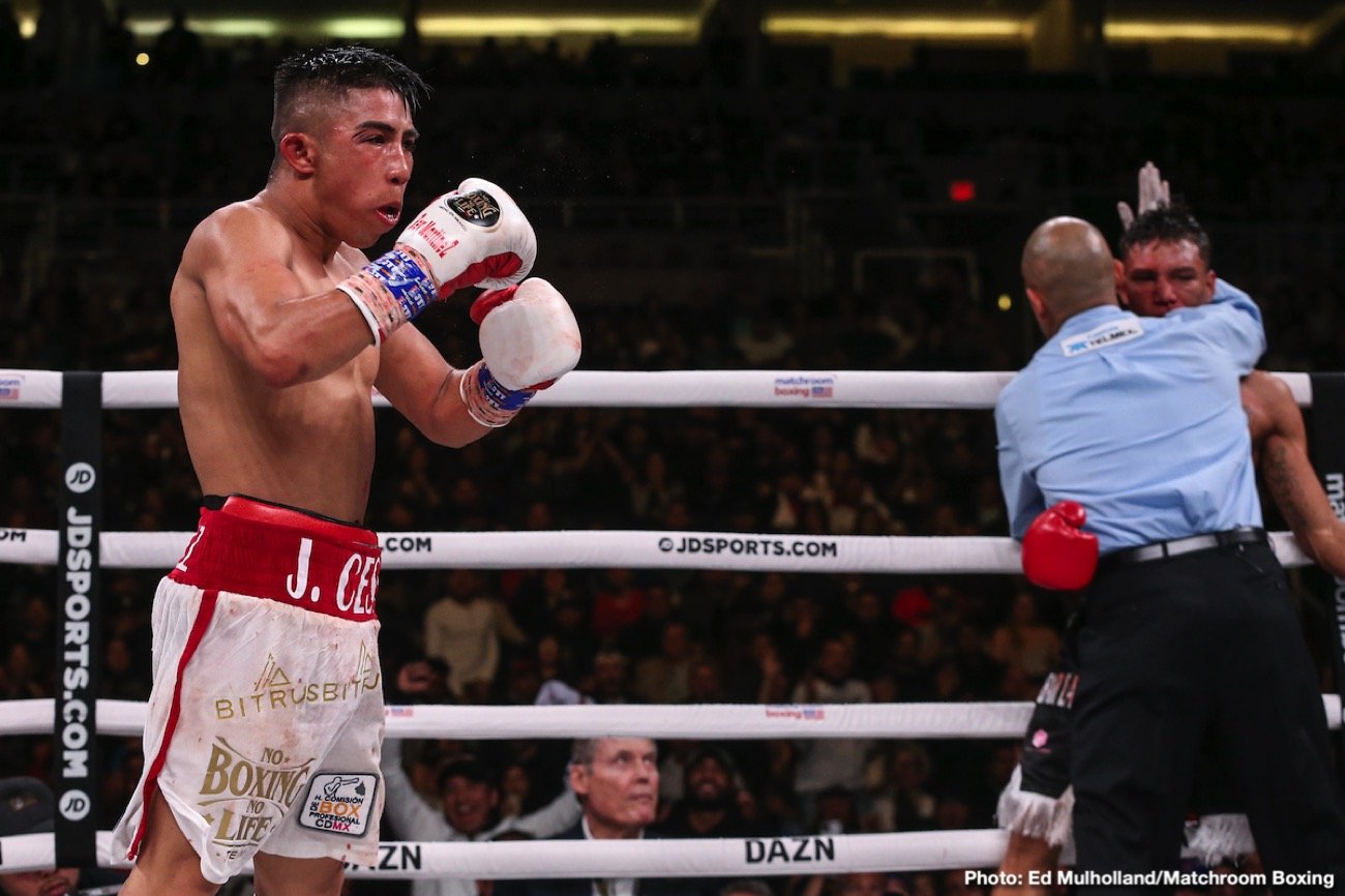 Julio Cesar Martinez defends against Jay Harris on Feb.29 on Garcia-Vargas card on DAZN