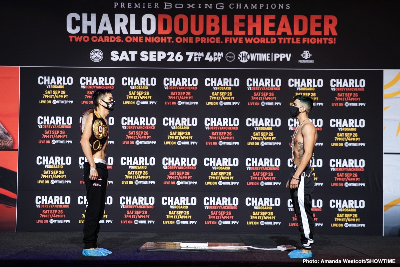 Boxing photo: Jeison Rosario, Jermall Charlo, Jermell Charlo, Sergiy Derevyanchenko image Charlo vs. Rosario / Charlo vs. Derevyanchenko Showtime PPV Weigh In Results