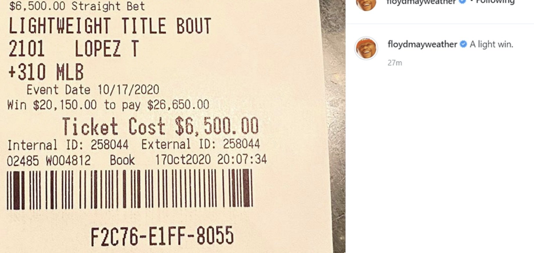 Floyd Mayweather Pockets $20,000 After Betting On Lopez To Beat Lomachenko