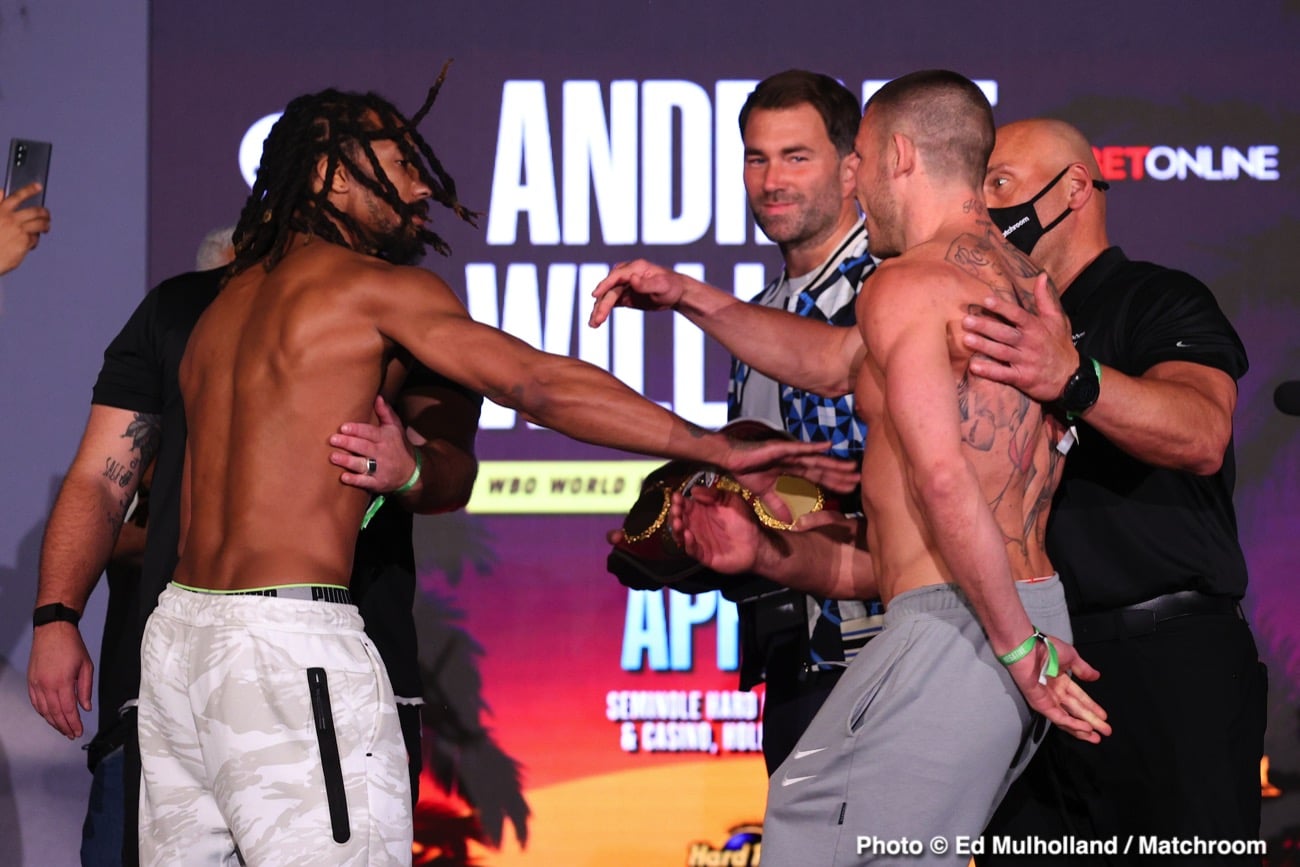 Demetrius Andrade shoves Liam Williams after he reaches for his hair at weigh-in