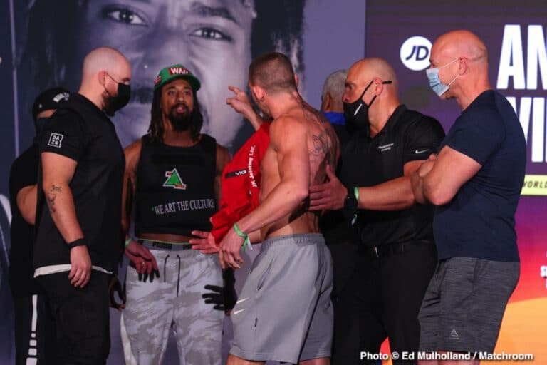 Demetrius Andrade shoves Liam Williams after he reaches for his hair at weigh-in