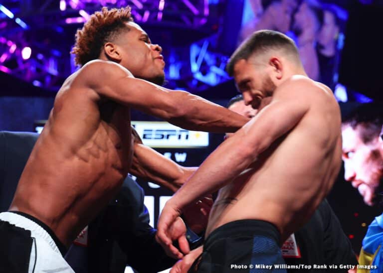 Devin Haney violently pushes Vasyl Lomachenko during face-off