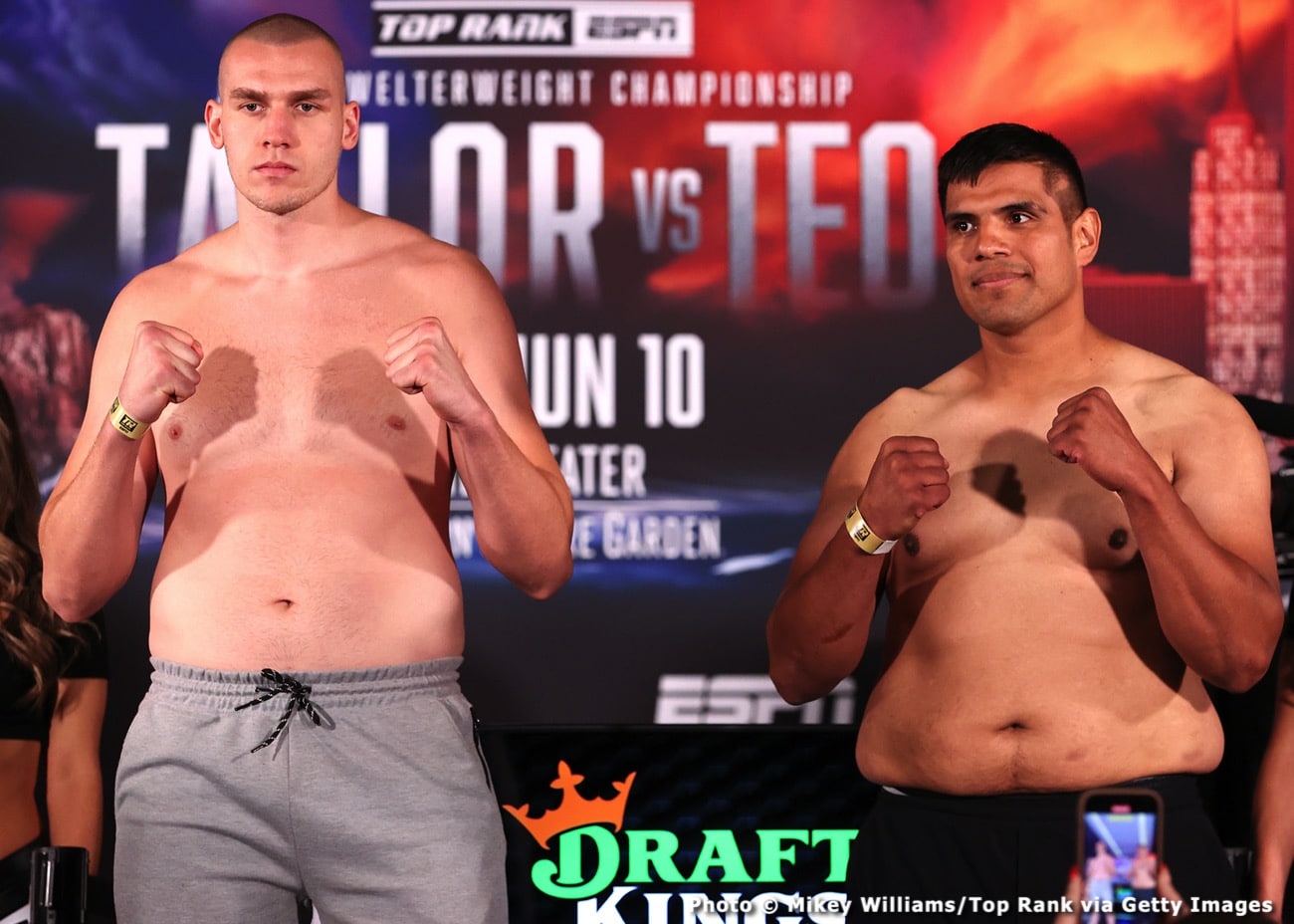 Boxing photo: Josh Taylor, Teofimo Lopez image Josh Taylor and Teofimo Lopez Weigh-in: Taylor 139.8, Lopez 140