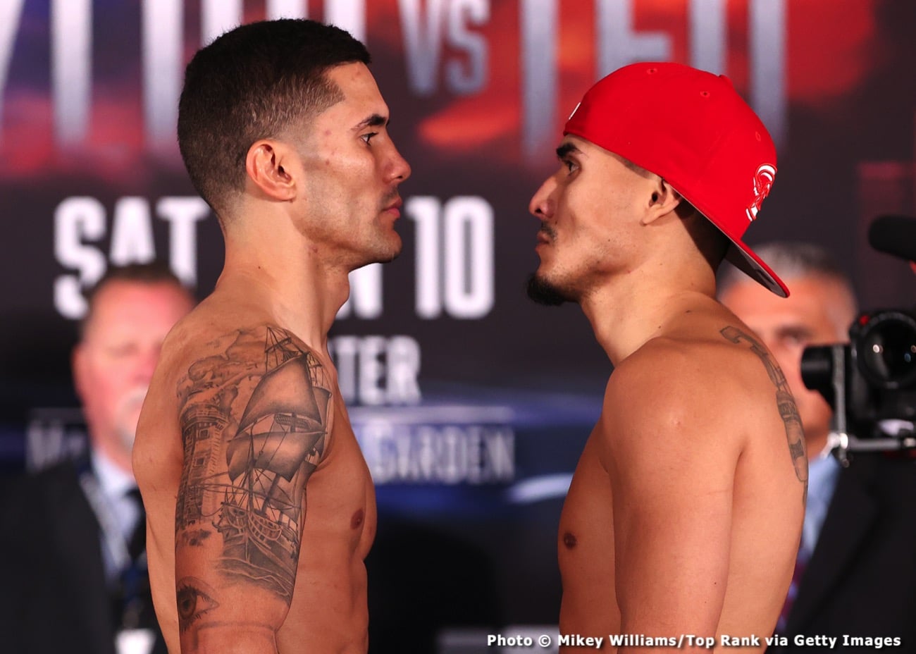 Boxing photo: Josh Taylor, Teofimo Lopez image Josh Taylor and Teofimo Lopez Weigh-in: Taylor 139.8, Lopez 140