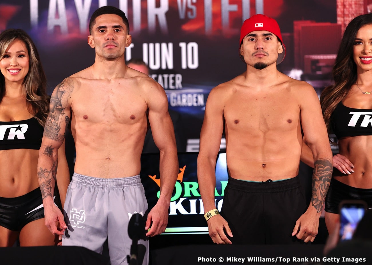 Boxing photo: Josh Taylor, Teofimo Lopez image Josh Taylor and Teofimo Lopez Weigh-in: Taylor 139.8, Lopez 140