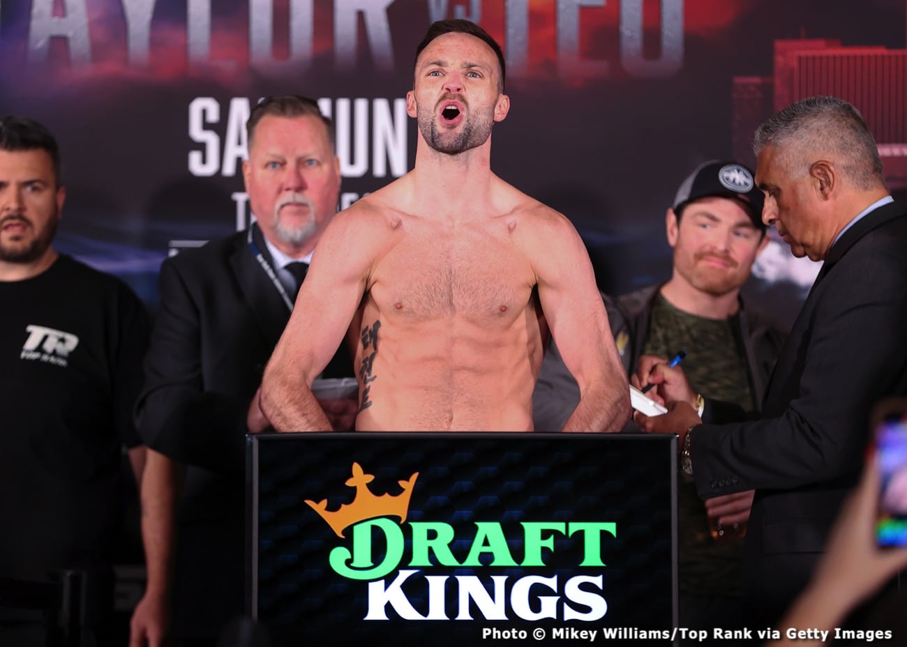 Boxing photo: Josh Taylor, Teofimo Lopez image Josh Taylor and Teofimo Lopez Weigh-in: Taylor 139.8, Lopez 140