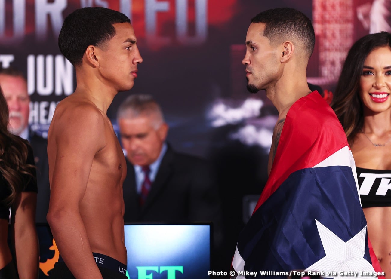 Boxing photo: Josh Taylor, Teofimo Lopez image Josh Taylor and Teofimo Lopez Weigh-in: Taylor 139.8, Lopez 140