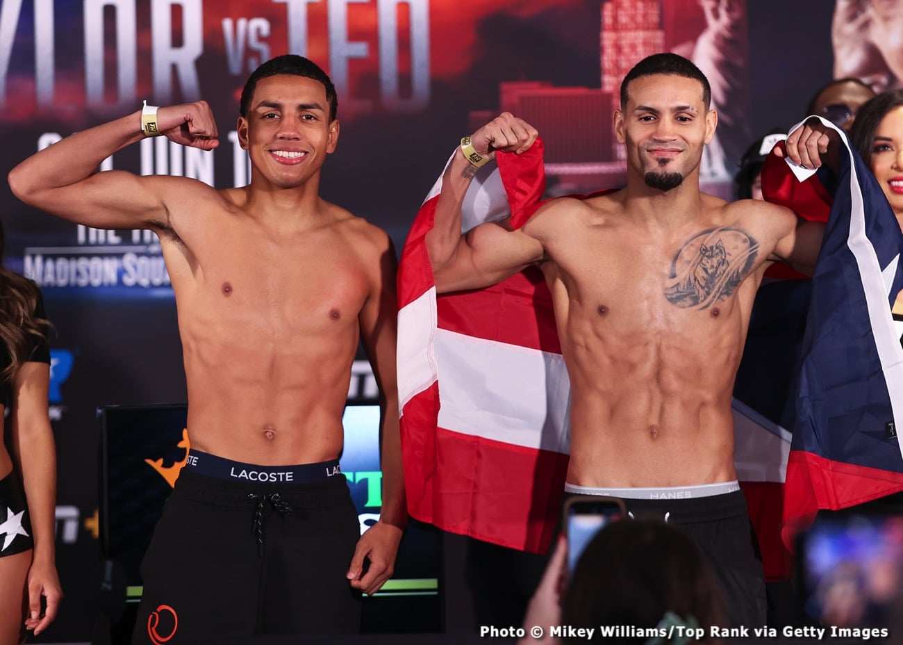 Boxing photo: Josh Taylor, Teofimo Lopez image Josh Taylor and Teofimo Lopez Weigh-in: Taylor 139.8, Lopez 140