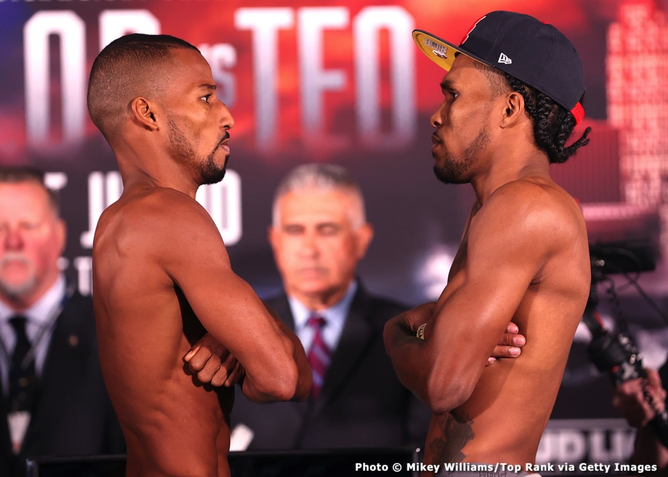 Boxing photo: Josh Taylor, Teofimo Lopez image Josh Taylor and Teofimo Lopez Weigh-in: Taylor 139.8, Lopez 140