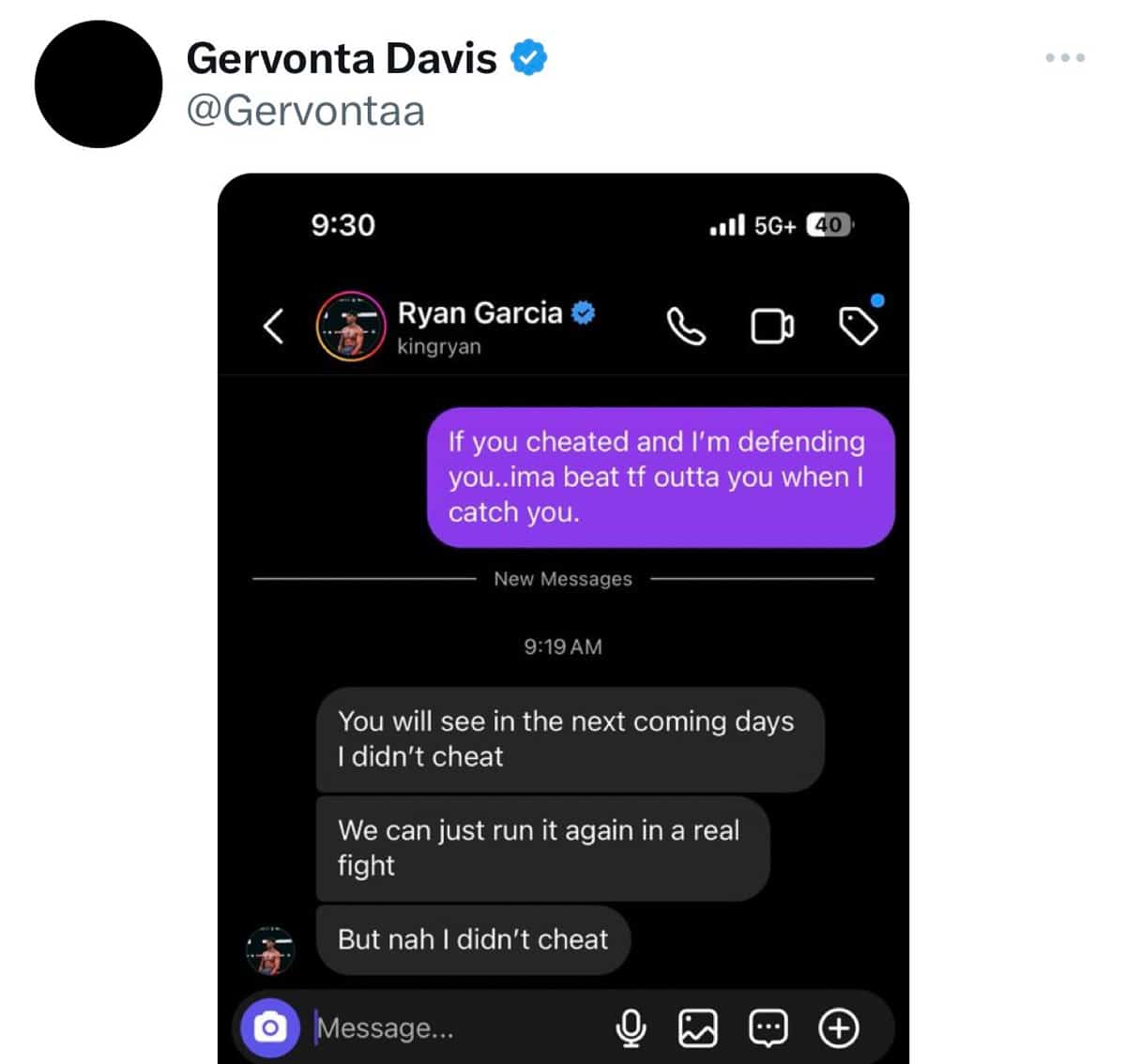 Gervonta Davis Posts Cryptic DM Exchange with Ryan Garcia