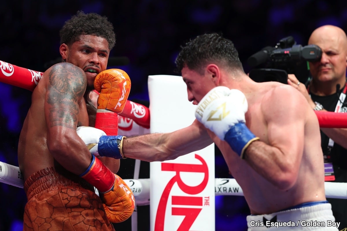 William Zepeda lands a left hand on Shakur Stevenson during their lightweight fight on July 12, 2025, at Louis Armstrong Stadium in Queens, New York.