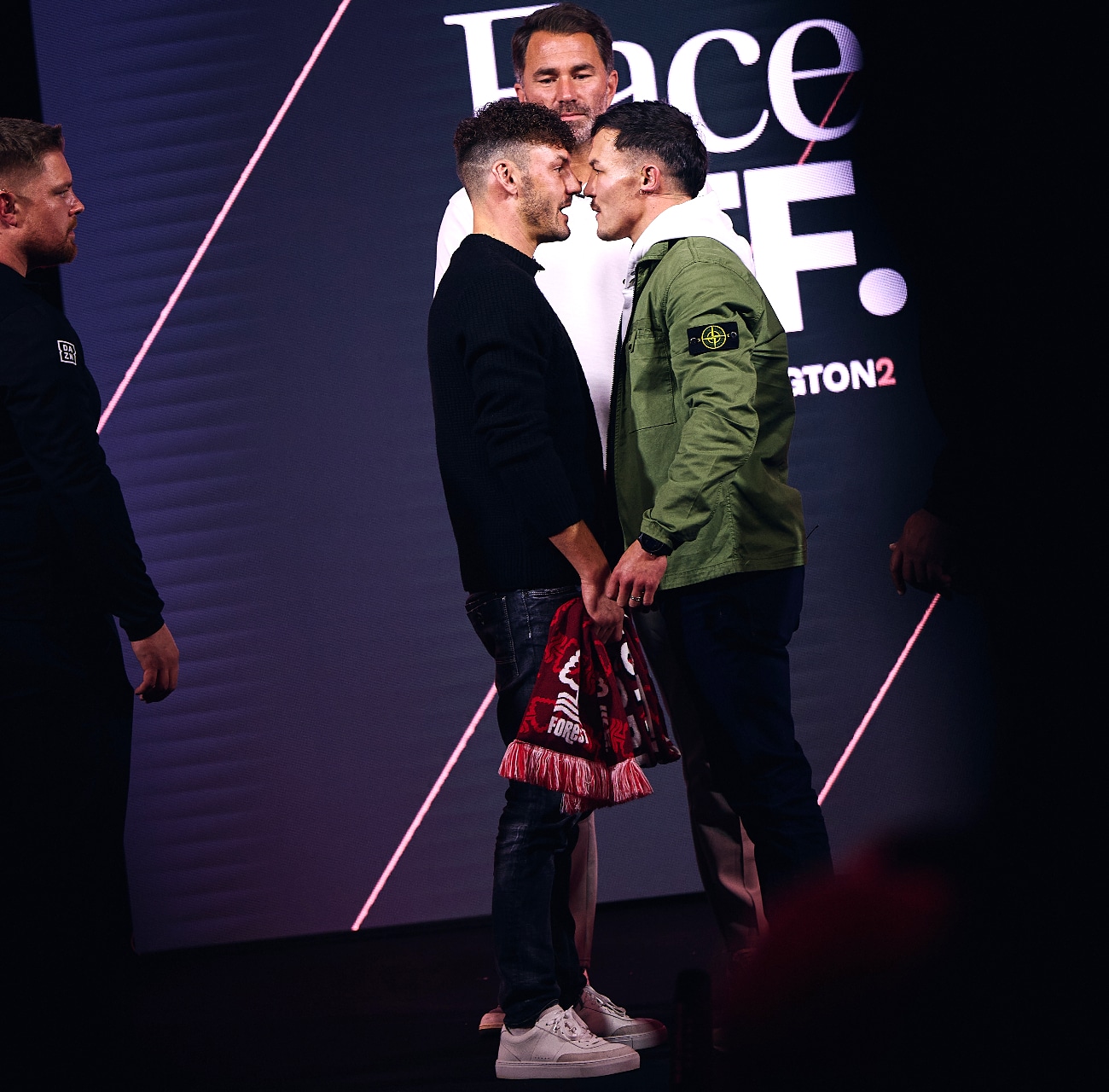 Leigh Wood and Josh Warrington stand for their face-off for their rematch