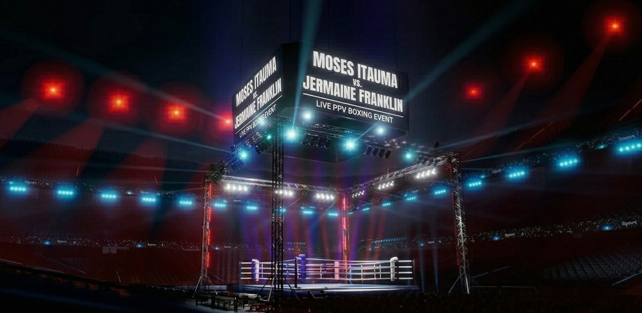 Boxing ring under arena lights with overhead display showing Moses Itauma vs. Jermaine Franklin fight announcement